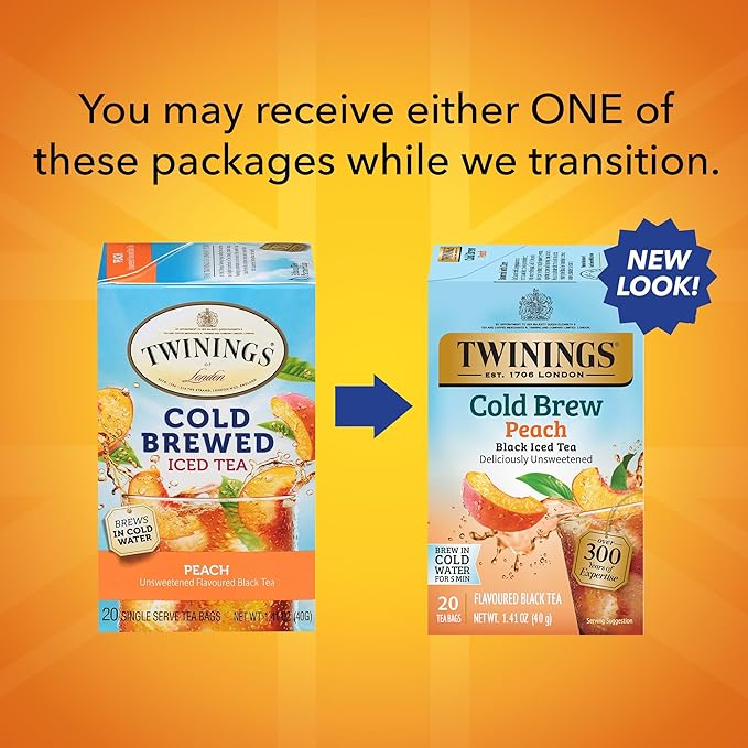 Twinings Peach Cold Brew Iced Tea Bags, 20 Count (Pack of 2), Unsweetened Flavoured Black Tea, Caffeinated, 20 Teabags - Bloomnest