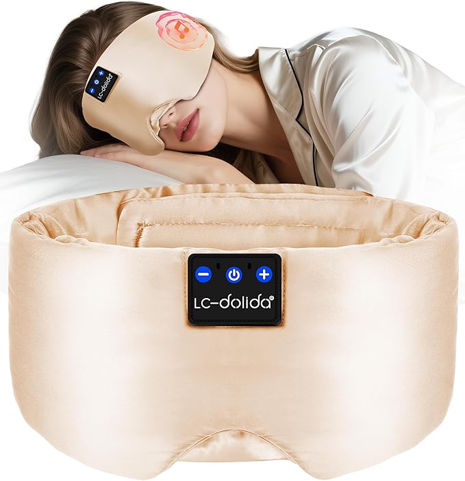 LC-dolida Luxurious Silk Soft Sleep Mask, Sleep Headphones with Bluetooth 5.4 for Side Sleeper, Total Blackout Eye Sleeping Mask for Women and Men, Ideal Gift for Restful Sleep, Travel(Champagne) - Bloomnest