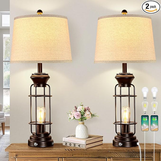 28.5" Farmhouse Lamps for Bedrooms Set of 2, Tall Table Lamps for Living Room with Dual USB Charging Port, Oil Rubbed Bronze Table Lamp with White Oatmeal Shade, Bulbs Included - Bloomnest