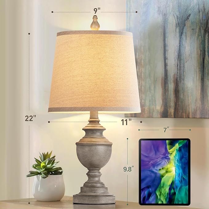 PARTPHONER Retro Table Lamps Set of 2, Bedside Lamp for Bedroom Rustic Farmhouse Table Lamps for Living Room, 22" Vintage Nightstand Lamps with White Shades, Antique Grey - Bloomnest