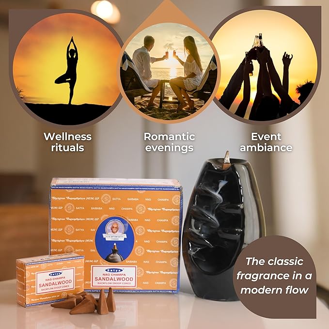 Sandalwood Backflow Incense Cones for Waterfall Aromatic Smoke Fountain Haze Falls and Mat Bundle - Pack of 12 TRUMIRI