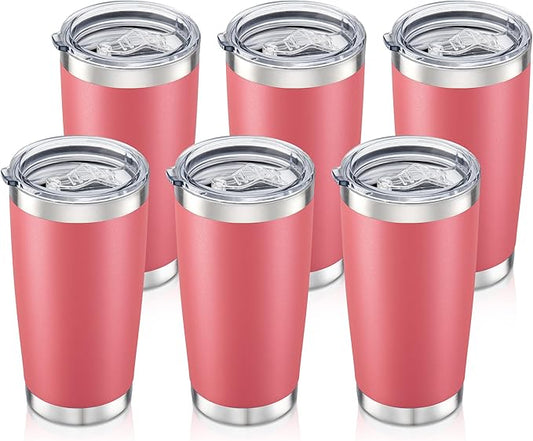 20 oz Tumbler Bulk with Lid Stainless Steel Insulated Tumblers Double Wall Vacuum Coffee Mug Powder Coated Tumbler Cups for Cold and Hot Drinks, Tropical Pink, 6 pack