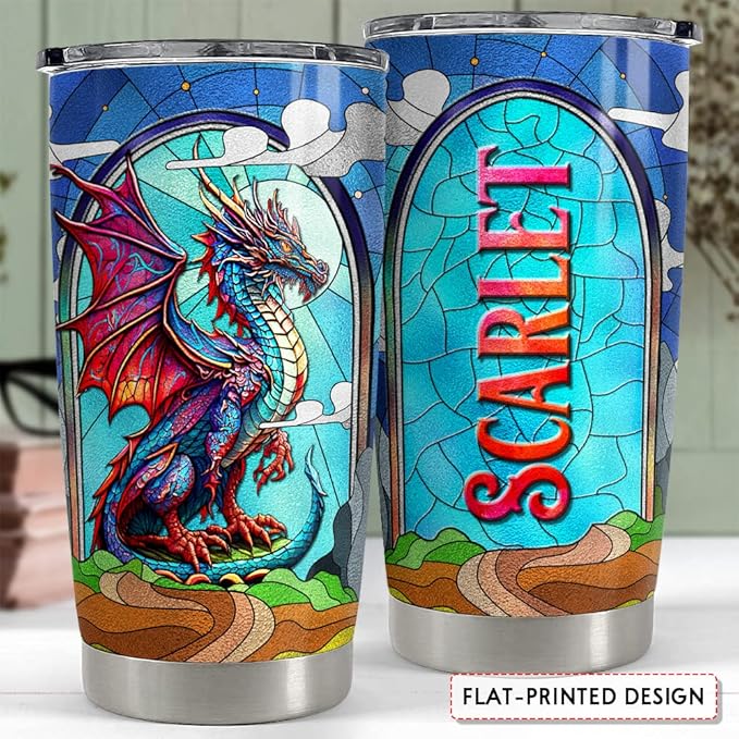 SANDJEST Personalized Dragon Tumbler with Customize Name Stained Glass Drawing 20oz 30oz Tumbler with Lid Gift for Woman Man Dragon Lovers - Bloomnest