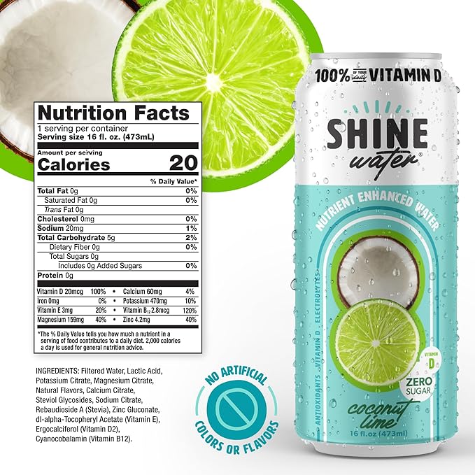 Shine Water Coconut Lime Vitamin D Electrolyte Drinks 12-Pack, Sugar Free Flavored Water with Magnesium, Zinc & Antioxidants, Low Calorie Hydration Beverage, Plant-Based Vitamin Water Zero Sugar - Bloomnest