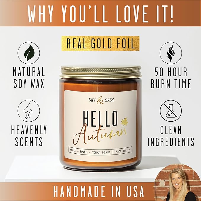 Fall Candles - ‘Hello Autumn’ Soy Fall Candle w/Apple, Cinnamon & Nutmeg I Infused with Essential Oils I Autumn Scented Candles I Cozy Décor Gifts I 9oz Jar I 50Hr Burn I Made in USA - Bloomnest
