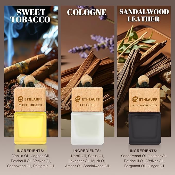 Car Air Freshener Hanging 3 Pack, Air Fresheners Diffuser - Leather, Cologne, Sweet Tobacco Fragrance Oil Air Diffuser for Men, 45+ days Long Lasting Fragrance 0.27 FL OZ/8ML - Bloomnest