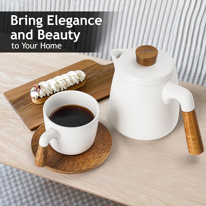 MIAMIO – 34 Oz Ceramic Tea Pot Set with Infuser and Cups/Tea Strainer, 4 Ceramic Tea Mugs (10 Oz), Bamboo Saucers/Handle for Home and Office (White) - Bloomnest