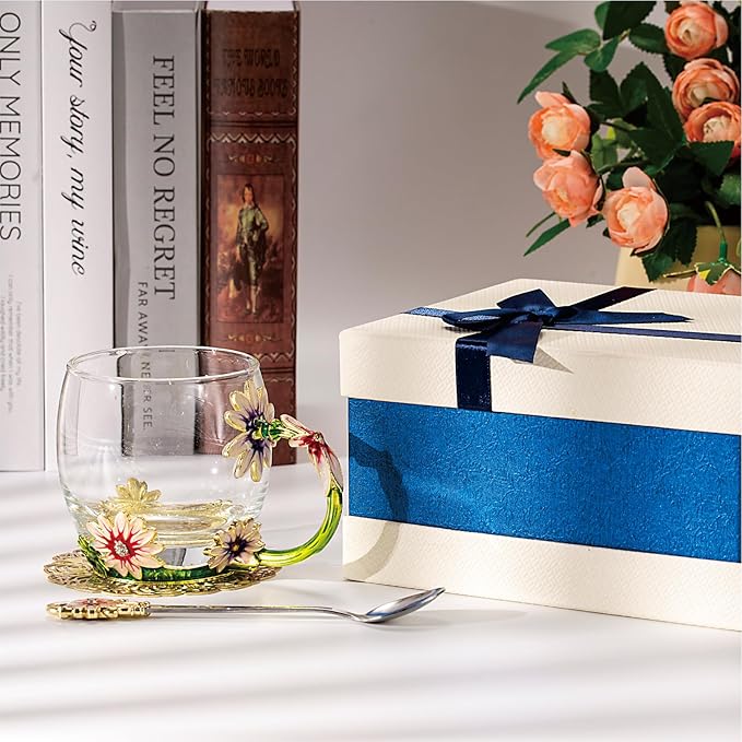 Flower Tea Cup ,Daisy Flower Clear Glass Fancy Coffee Cup with Spoon,Gift Box for Her Mom Wife Grandma Girls Friends Valentines Christmas Birthday Present Idea for Juice,Hot And Cold Drinks Use - Bloomnest