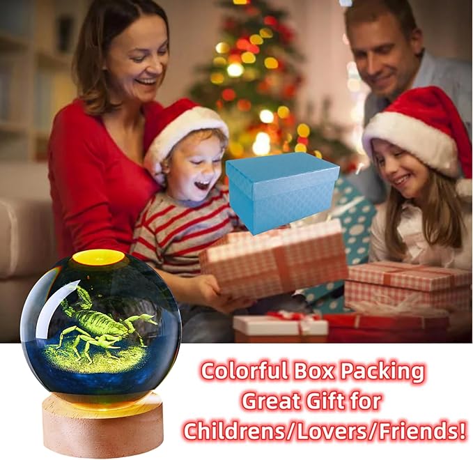3D Large Scorpion Crystal Ball Night Light with Wooden Base, Crystal Lamp Gift for Kids Friends, 16 Color Change with Remote Control, Laser Engraved Glass Ball Lamp Halloween Decor (Scorpion) - Bloomnest