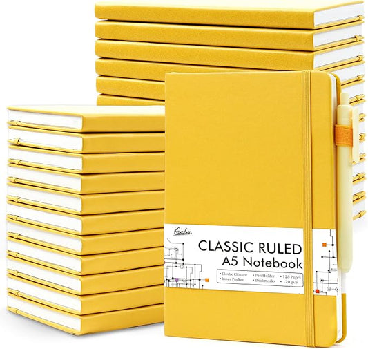 feela 24 Pack Journal Notebook for Work, Business Notebook Bulk Hardcover Lined Writing Journal with Pen Holder for Men Women Note Taking, with 24 Black Pens, 120 GSM, 5.1”x8.3”, A5, Yellow - Bloomnest