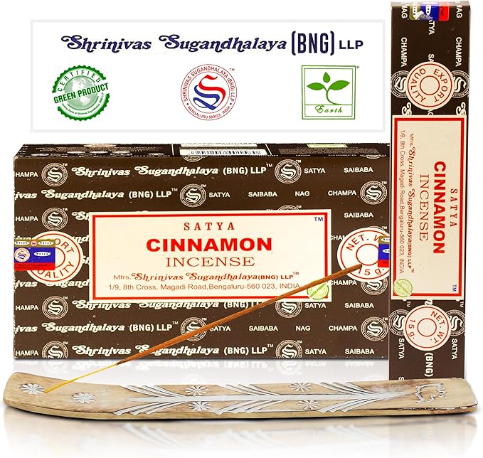 Satya Cinnamon Incense Sticks, Satya Bng (Bangalore) Insenses 15gmx12 Pack with Raajsee Incense Holder Bundle, Satya Nagchampa Natural Incense - Bloomnest