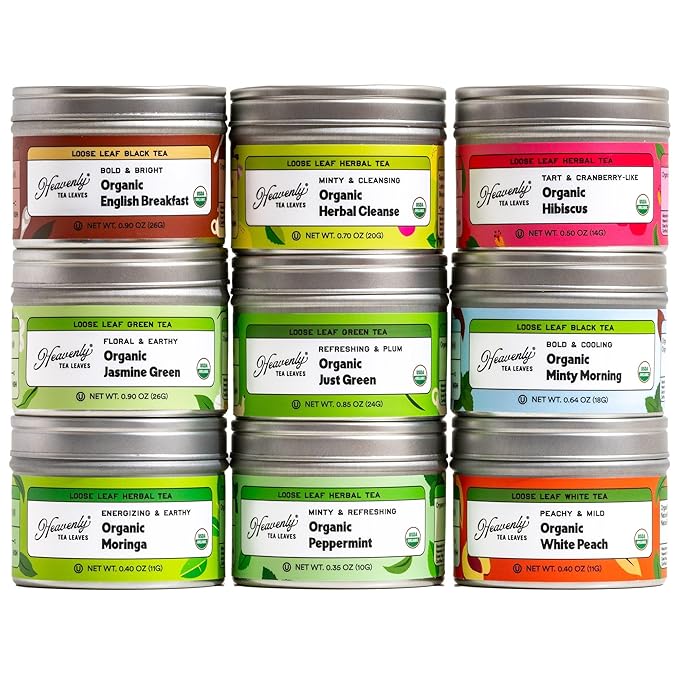 Heavenly Tea Leaves Organic 9 Flavor Variety Pack | Loose Leaf Tea Sampler (Approximately 90 Cups) | Premium Gift Set Assortment of Green, Herbal, Black & White Teas | Hot or Iced, High to No Caffeine | Sampler, Great Iced or Hot, High to No Caffeine - Bloomnest