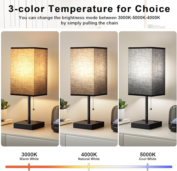 Plus Black Bedside Table Lamps Set of 2 - Bedroom Lamps with 3 Colors (3000K/5000K/4000K), Square Nightstand Lamp with USB C + A Charging Ports and 2 AC Outlets, Pull Chain Night Light for End Table - Bloomnest