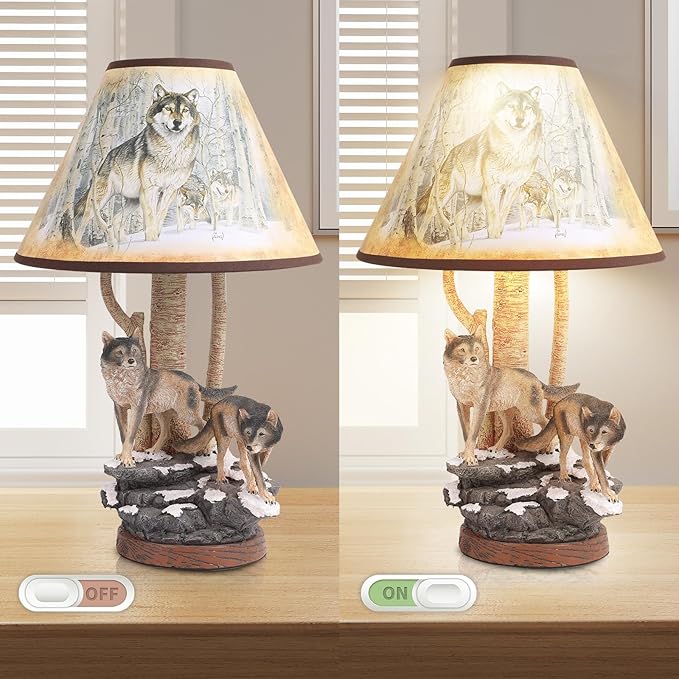 Forest Wolf Table lamp, Wildlife Side Table Lamp, Tradition Decor with lampshade (Includes Bulb), Nightlight for Cottage, Wooden Base for Bedside Table lamp, Rustic Farmhouse - Bloomnest
