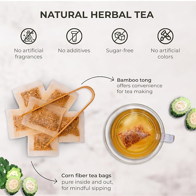 Bitter Melon Tea Bags - 70 Count (+5 Tea Bags), 4.2 oz, Bamboo Tong Included, Pure Bitter Gourd Herbal Blend for Refreshing, Digestion & Inner Health Support, No Sugar, No Caffeine - Bloomnest