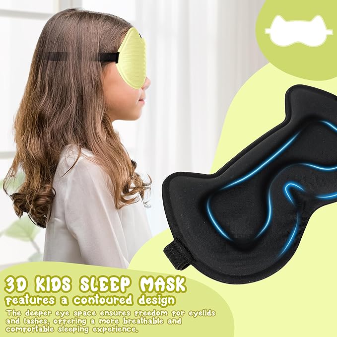 Kids Sleep Mask Eye Mask: 3D Contoured Cup Sleeping Masks, Blindfold with Adjustable Strap, Kids Eye Cover for Boys, Girls, Teens, Pressure-Free with Memory Foam Face Mask for Sleeping (Yellow) - Bloomnest