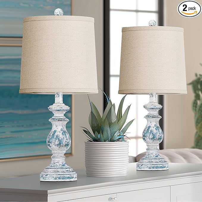 PARTPHONER Traditional Table Lamp Set of 2, Rustic Farmhouse Table Lamps for Living Room Bedroom, 22" Bedside Desk Lamps Vintage Nightstand Lamps with Linen Shades, Washed Blue - Bloomnest