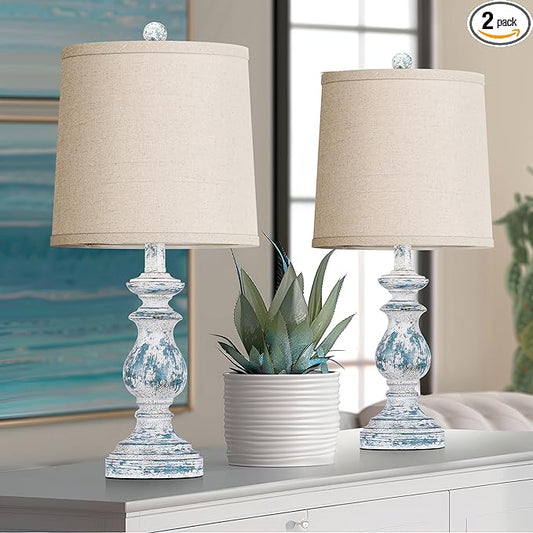 PARTPHONER Traditional Table Lamp Set of 2, Rustic Farmhouse Table Lamps for Living Room Bedroom, 22" Bedside Desk Lamps Vintage Nightstand Lamps with Linen Shades, Washed Blue - Bloomnest