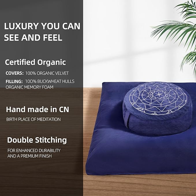 Zafu & Zabuton Meditation Cushion Set - Buckwheat Hull & Memory Foam Pillows, Ergonomic Support for Yoga, Mindfulness - Organic Velvet Cover, Large Size, Durable Comfort (Dark Blue) - Bloomnest