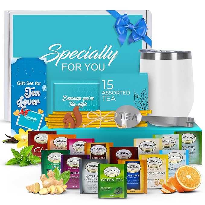 Tea Gifts for Women – Sampler Gift Basket with 15 Unique Blends, Honey Sticks, Stainless Tumbler & Gift-Ready Box (White) - Bloomnest