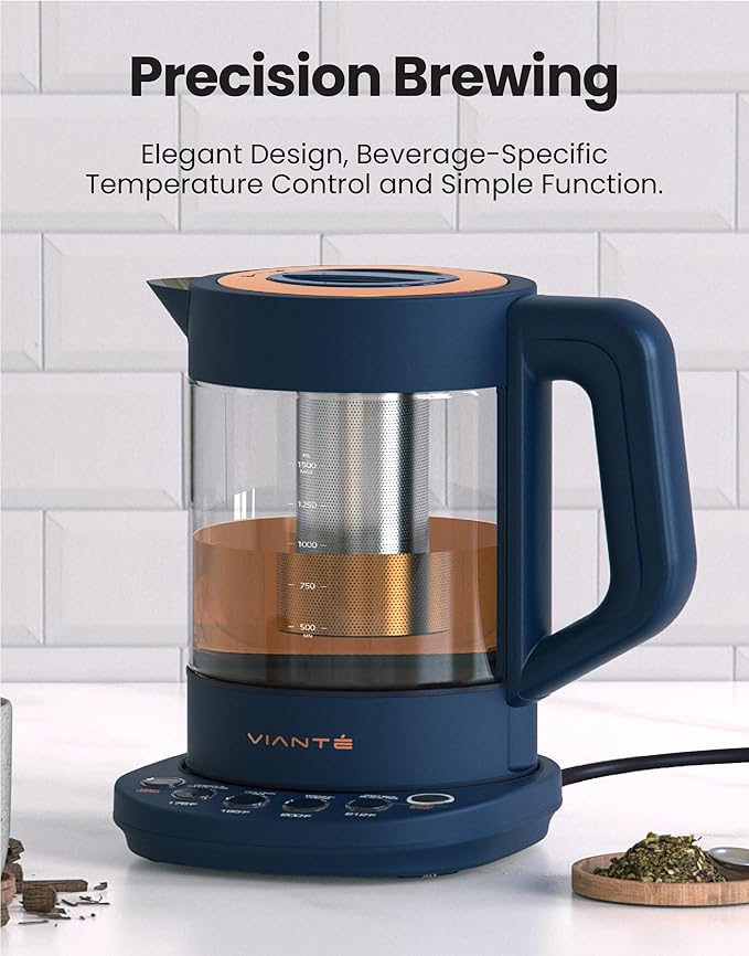 Vianté Electric Kettle With Infuser For Loose Leaf Tea. Hot Tea Maker With Temperature Control And Automatic Shut Off. Kettle With Brewing Programs. 1.5 Liters Capacity | Midnight Blue Color - Bloomnest