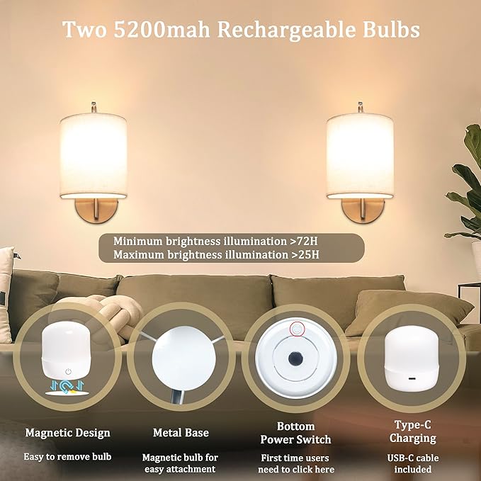 Rechargeable Battery Operated Wall Sconces Set of 2 Wireless Wall Lights with Remote Control 12 RGB Colors Magnetic Bulbs 5200mAh Battery Wireless Sconces for Bedroom Living Room (Silver) - Bloomnest