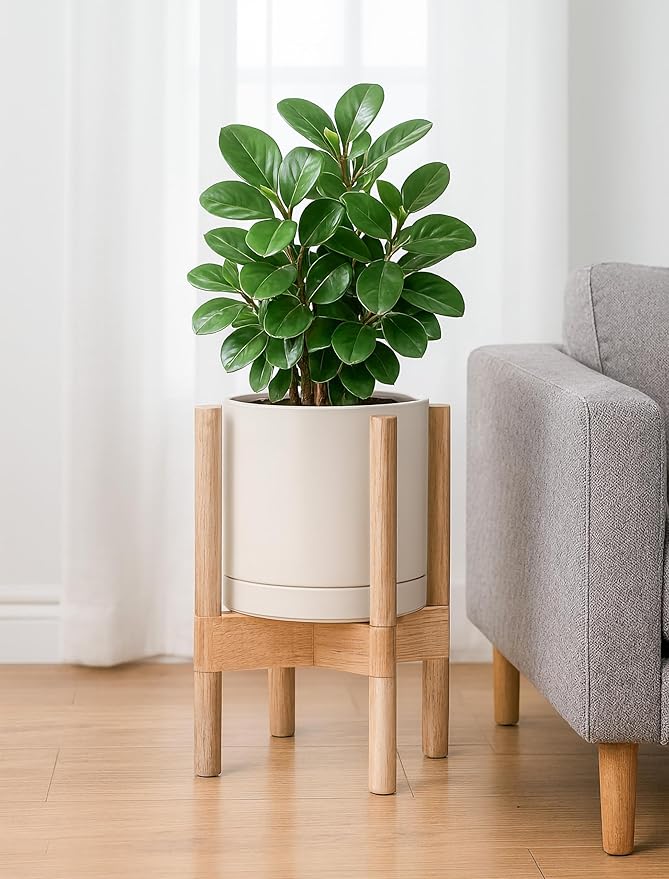 D'vine Dev Ceramic Planter with Natural Stand - 8 Inch Modern Round Flower Pot with Wood Planter Holder, Oatmeal, 55-B-N-8 - Bloomnest