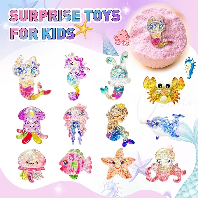 Bath Bombs for Kids with Surprise Inside, 12pcs Kids Bath Bombs with Mermaid Toys Gift Set for Girls, Shea & Coco Butter Dry Skin Moisturize, Handmade Fizzy Bubble Spa Bath Ball for Birthday Christmas - Bloomnest