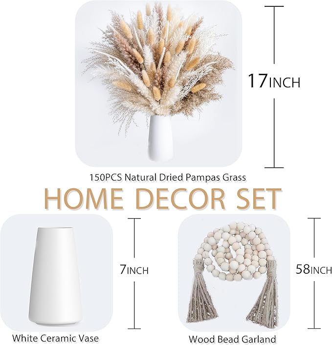 150pcs Pampas Grass + 1 White Ceramic vase + 1 Wood Bead Garland , Boho Home Decor Bouquet Phragmites Dried Flowers Bouquet for Wedding Floral Arrangements Home Decorations - Bloomnest