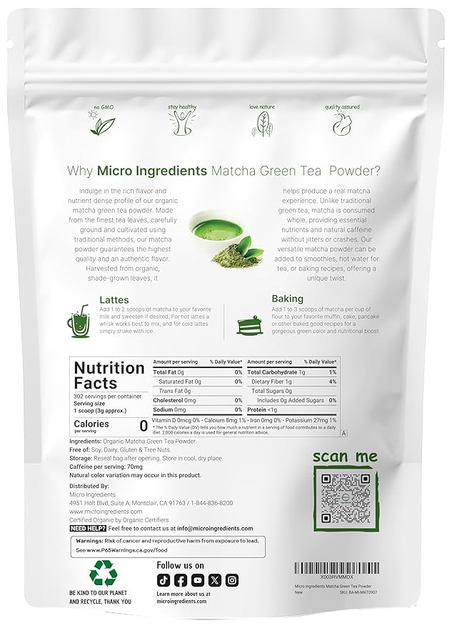 Micro Ingredients Organic Matcha Green Tea Powder, 2 lb | First Harvest, Culinary Grade from Japan | 100% Pure & Unflavored | Great for Tea, Latte & Smoothies | Non-GMO, 0 Calories, Eco-Friendly Packaging - Bloomnest