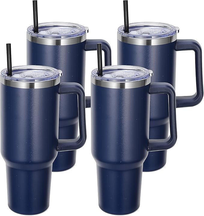 DOMICARE 40 oz Tumbler with Handle and Straw, Stainless Steel Tumbler with Lid and Straw, Reusable Vacuum Insulated Cup, Travel Coffee Mug, Navy Blue, 4Pack - Bloomnest