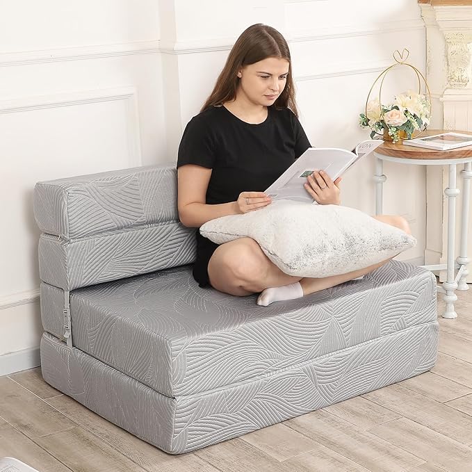 Tri Folding Sofa Mattress, High-Density Memory Foam Sofa Bed with a Fluffy Pillow, Futon Floor Couch Guest Bed, Twin Size, Grey - Bloomnest