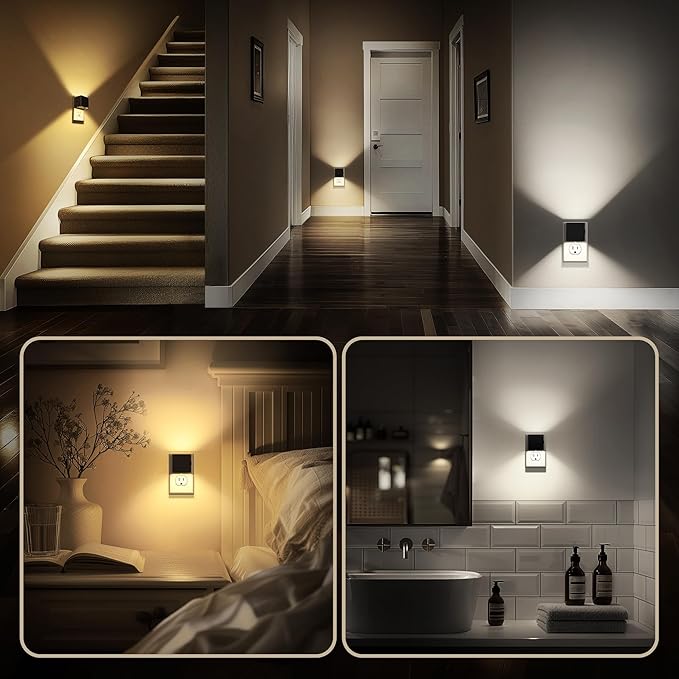 DORESshop Night Lights Plug Into Wall, [2 Pack] Plug in Night Light with 3 Color Temperatures, Dusk to Dawn Sensor, Night Light for Hallway Bathroom Stairway Bedroom, Black - Bloomnest