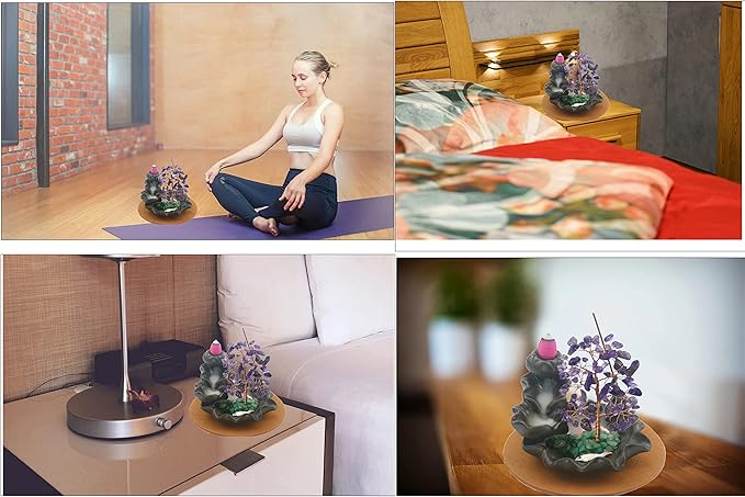 Ceramic Waterfall Incense Burner, Money Tree Backflow Holder Healing Crystal Stone, with 30 Cones + Stick for Yoga Meditation Home Zen Decoration(Amethyst) - Bloomnest