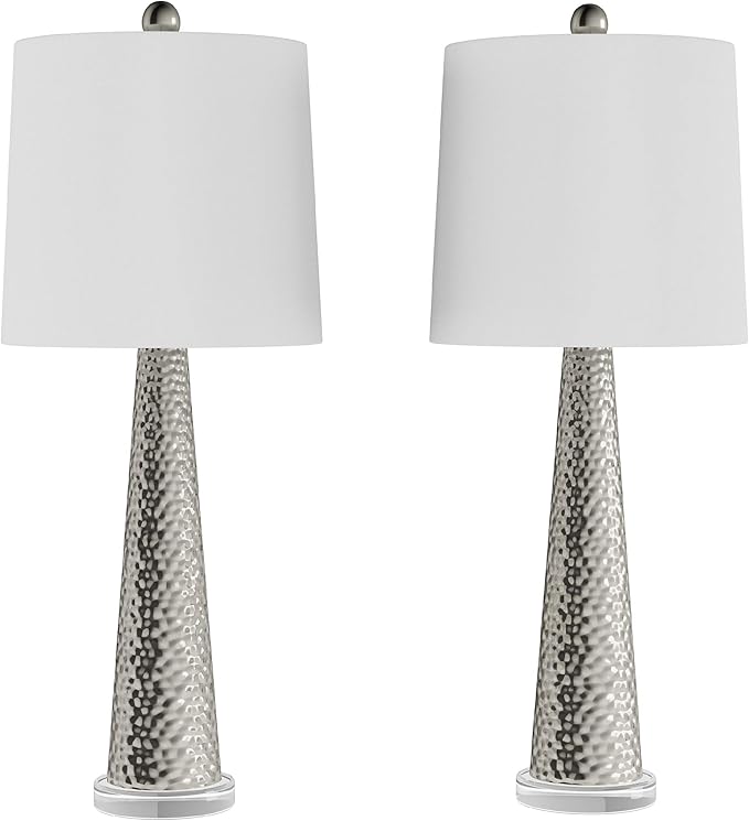 Table Lamps - Set of 2 Contemporary Hammered Glass Lights for Bedroom, Living Room, and Office with Energy-Efficient LED Bulbs by Lavish Home (Silver) - Bloomnest