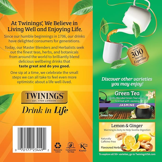 Twinings Pure Green Tea Individually Wrapped Bags, 100 Count (Pack of 1), Smooth & Refreshing, Caffeinated, Enjoy Hot or Iced, 100 Teabags - Bloomnest