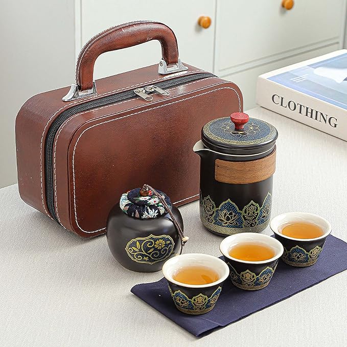 Ceramic Portable Travel Tea Set, Best Gift for Season of Graduation, Mother'S Day, Father'S Day, Christmas, Halloween, Birthday and Other Festivals (Travel Black) - Bloomnest