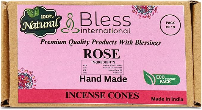 Bless International Rose 100%-Natural-Incense-Cones Handmade-Hand-Dipped Organic-Chemicals-Free for-Purification-Relaxation-Positivity-Yoga-Meditation The-Best-scents (10 Count)
