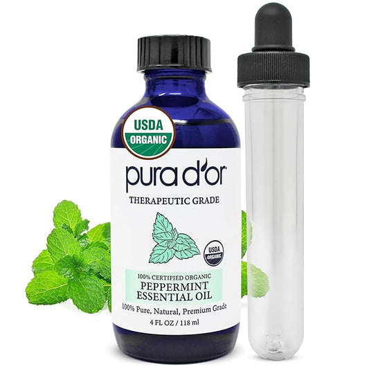 PURA D'OR Organic Peppermint Essential Oil (4oz with Glass Dropper) 100% Pure & Natural Therapeutic Grade - Hair, Body, Skin, Aromatherapy Diffuser, Massage, Refreshens, Energy, Mood, Home, DIY Soap - Bloomnest