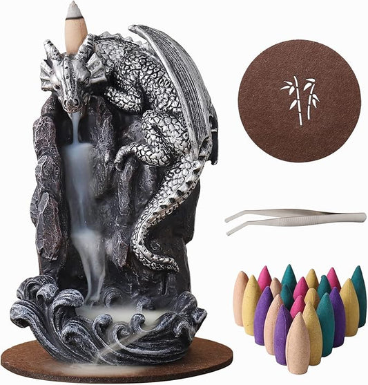 Dragon Backflow Incense Holder Waterfall Incense Burner, with 100 Backflow Incense Cones,1 Mat,1 Tweezers，Aromatherapy Ornamental for Home Office Yoga （Silver Dragon） - Bloomnest