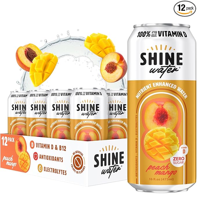 Shine Water Peach Mango Vitamin D Electrolyte Drinks 12-Pack, Sugar Free Flavored Water with Magnesium, Zinc & Antioxidants, Low Calorie Hydration Beverage, Plant-Based Vitamin Water Zero Sugar - Bloomnest