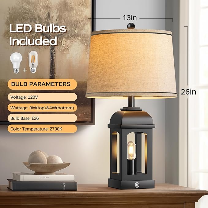 QiMH Table Lamp for Living Room, Farmhouse Lamps with USB A+C and Nightlight, 26" Rustic Bedside Lamps with 3-Way Dimmable Touch Control, Nightstand Lamp for Bedroom, Black, 1 Pack - Bloomnest
