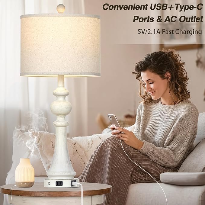 28" Farmhouse Table Lamps Set of 2, Vintage Bedside Lamps with USB A+C Charging Ports & AC Outlet, 3-Way Dimmable Touch Control Nightstand Lamp for Living Room Bedroom Wash White(2 LED Bulbs Included) - Bloomnest