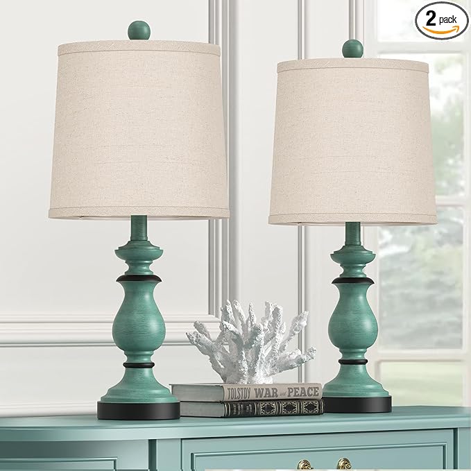 PARTPHONER Traditional Table Lamp Set of 2, Rustic Farmhouse Table Lamps for Living Room Bedroom, 22" Bedside Desk Lamps Vintage Nightstand Lamps with Linen Shades, Green - Bloomnest