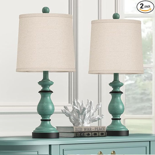 PARTPHONER Traditional Table Lamp Set of 2, Rustic Farmhouse Table Lamps for Living Room Bedroom, 22" Bedside Desk Lamps Vintage Nightstand Lamps with Linen Shades, Green - Bloomnest