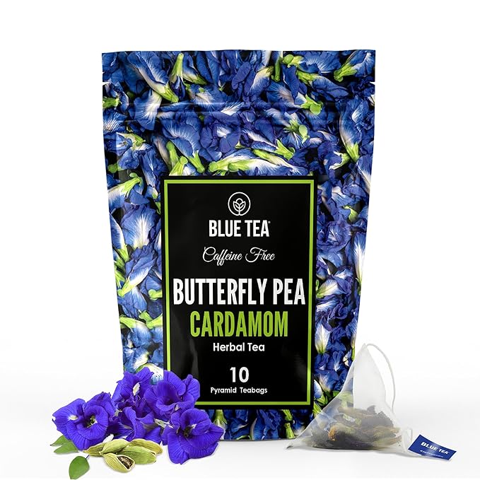 BLUE TEA - Butterfly Pea Flower Cardamom Tea - 10 Tea Bags (Plant Based ) | ANTIOXIDANT RICH | Herbal Tea - Caffeine Free - Non-Bitter - Flower Based - Vegan - Non-GMO- Natural Ingredients | Zipper Pack - Bloomnest