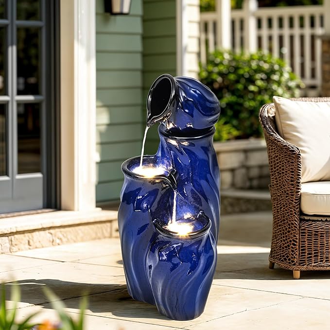 29" Tall Ceramic Water Fountain Outdoor with LED Lights, 4-Tier Cascading Waterfall Garden Fountain, Ideal for Serene Relaxing Patio, Yard or Porch, Cobalt Blue Glaze, Dynamic Wave-Texture - Bloomnest