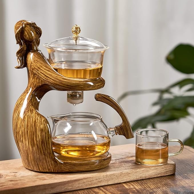 Glass Kungfu Teapot Set Tea maker with Infuser Semi Automatic Tea Set with 6 Small Cups (Brown) - Bloomnest