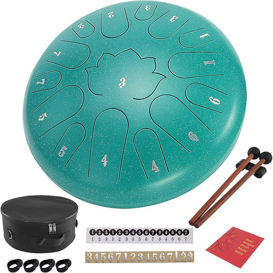 Steel Tongue Drum, 12 Inch 15 Notes Hand Pan Drum, Tongue Drums, with Music Book, Handpan Drum Mallet, and Carry Bag (Green, 12 Inch)