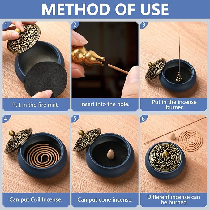 Ceramic Incense Burner with Incense Holder+ Fireproof Cotton,Handmade Smudging Burn Bowl for Stick or Coil Incense,Sage Cones, Frankincense and Mosquito Incense (Blue) - Bloomnest